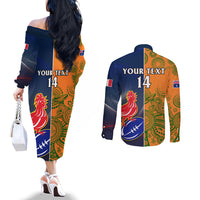 Custom France And Australia Rugby Couples Matching Off The Shoulder Long Sleeve Dress and Long Sleeve Button Shirts 2023 World Cup Le Bleus Wallabies Together LT14 - Polynesian Pride