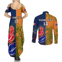 Custom France And Australia Rugby Couples Matching Summer Maxi Dress and Long Sleeve Button Shirts 2023 World Cup Le Bleus Wallabies Together LT14 - Polynesian Pride