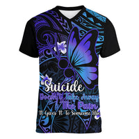 Polynesia Suicide Prevention Awareness Women V Neck T Shirt Your Life Is Worth Living For Polynesian Blue Pattern LT14 Female Blue - Polynesian Pride