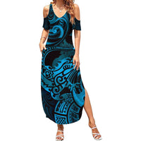 New Zealand Tuatara Summer Maxi Dress Aotearoa Maori Clematis Flowers - Blue LT14 Women Blue - Polynesian Pride