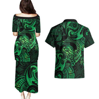 New Zealand Tuatara Couples Matching Puletasi and Hawaiian Shirt Aotearoa Maori Clematis Flowers - Green