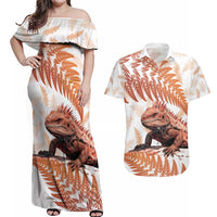 Red New Zealand Tuatara Couples Matching Off Shoulder Maxi Dress and Hawaiian Shirt Aotearoa Sphenodon Punctatus Silver Fern