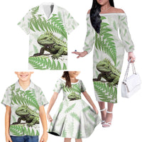 Green New Zealand Tuatara Family Matching Off The Shoulder Long Sleeve Dress and Hawaiian Shirt Aotearoa Sphenodon Punctatus Silver Fern