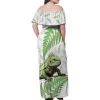 Green New Zealand Tuatara Family Matching Off Shoulder Maxi Dress and Hawaiian Shirt Aotearoa Sphenodon Punctatus Silver Fern