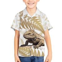 Gold New Zealand Tuatara Family Matching Off The Shoulder Long Sleeve Dress and Hawaiian Shirt Aotearoa Sphenodon Punctatus Silver Fern