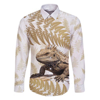 Gold New Zealand Tuatara Family Matching Off Shoulder Short Dress and Hawaiian Shirt Aotearoa Sphenodon Punctatus Silver Fern
