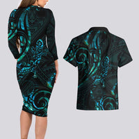 New Zealand Skink Couples Matching Long Sleeve Bodycon Dress and Hawaiian Shirt Aotearoa Maori Mix Paua Shell