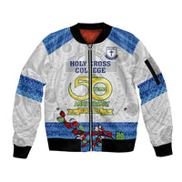 Fiji Holy Cross College Sleeve Zip Bomber Jacket Happy 50th Anniversary Fijian Tagimoucia Tapa Pattern LT14 Unisex White - Polynesian Pride