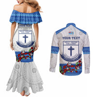 Personalised Fiji Holy Cross College Couples Matching Mermaid Dress and Long Sleeve Button Shirts Happy 50th Anniversary Fijian Tagimoucia Tapa Pattern LT14 - Polynesian Pride
