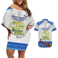 Personalised Fiji Holy Cross College Couples Matching Off Shoulder Short Dress and Hawaiian Shirt Happy 50th Anniversary Fijian Tagimoucia Tapa Pattern LT14 White - Polynesian Pride