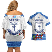 Personalised Fiji Holy Cross College Couples Matching Off Shoulder Short Dress and Hawaiian Shirt Happy 50th Anniversary Fijian Tagimoucia Tapa Pattern LT14 - Polynesian Pride