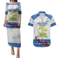Personalised Fiji Holy Cross College Couples Matching Puletasi Dress and Hawaiian Shirt Happy 50th Anniversary Fijian Tagimoucia Tapa Pattern LT14 White - Polynesian Pride