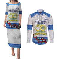 Personalised Fiji Holy Cross College Couples Matching Puletasi Dress and Long Sleeve Button Shirts Happy 50th Anniversary Fijian Tagimoucia Tapa Pattern LT14 White - Polynesian Pride