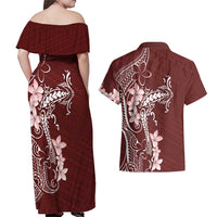 Oxblood Hawaii Couples Matching Off Shoulder Maxi Dress and Hawaiian Shirt Hammerhead Shark Tattoo Curve Polynesian - Polynesian Pride