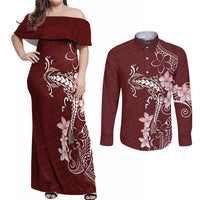 Oxblood Hawaii Couples Matching Off Shoulder Maxi Dress and Long Sleeve Button Shirt Hammerhead Shark Tattoo Curve Polynesian - Polynesian Pride