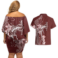 Oxblood Hawaii Couples Matching Off Shoulder Short Dress and Hawaiian Shirt Hammerhead Shark Tattoo Curve Polynesian - Polynesian Pride
