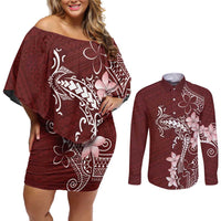 Oxblood Hawaii Couples Matching Off Shoulder Short Dress and Long Sleeve Button Shirt Hammerhead Shark Tattoo Curve Polynesian - Polynesian Pride