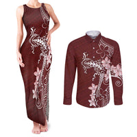 Oxblood Hawaii Couples Matching Tank Maxi Dress and Long Sleeve Button Shirt Hammerhead Shark Tattoo Curve Polynesian - Polynesian Pride