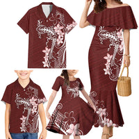 Oxblood Hawaii Family Matching Mermaid Dress and Hawaiian Shirt Hammerhead Shark Tattoo Curve Polynesian - Polynesian Pride