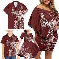 Oxblood Hawaii Family Matching Off Shoulder Short Dress and Hawaiian Shirt Hammerhead Shark Tattoo Curve Polynesian - Polynesian Pride
