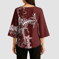 Oxblood Hawaii Kimono Sleeve Blouse Hammerhead Shark Tattoo Curve Polynesian - Polynesian Pride