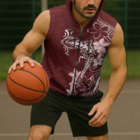 Oxblood Hawaii Sleeveless Zip Hoodie Hammerhead Shark Tattoo Curve Polynesian LT14 - Polynesian Pride