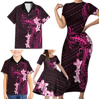 Pink Hawaii Family Matching Short Sleeve Bodycon Dress and Hawaiian Shirt Hammerhead Shark Tattoo Curve Polynesian - Polynesian Pride