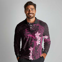 Pink Hawaii Long Sleeve Polo Shirt Hammerhead Shark Tattoo Curve Polynesian - Polynesian Pride