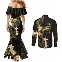 Black and Gold Hawaii Couples Matching Mermaid Dress and Long Sleeve Button Shirt Hammerhead Shark Tattoo Curve Polynesian - Polynesian Pride