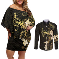Black and Gold Hawaii Couples Matching Off Shoulder Short Dress and Long Sleeve Button Shirt Hammerhead Shark Tattoo Curve Polynesian - Polynesian Pride