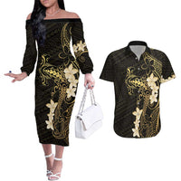 Black and Gold Hawaii Couples Matching Off The Shoulder Long Sleeve Dress and Hawaiian Shirt Hammerhead Shark Tattoo Curve Polynesian - Polynesian Pride