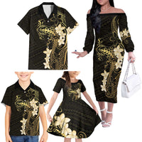 Black and Gold Hawaii Family Matching Off The Shoulder Long Sleeve Dress and Hawaiian Shirt Hammerhead Shark Tattoo Curve Polynesian - Polynesian Pride