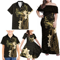 Black and Gold Hawaii Family Matching Off Shoulder Maxi Dress and Hawaiian Shirt Hammerhead Shark Tattoo Curve Polynesian - Polynesian Pride