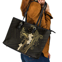 Black and Gold Hawaii Leather Tote Bag Hammerhead Shark Tattoo Curve Polynesian LT14 - Polynesian Pride