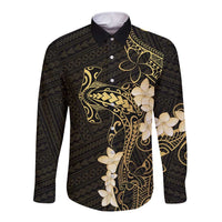 Black and Gold Hawaii Long Sleeve Button Shirt Hammerhead Shark Tattoo Curve Polynesian - Polynesian Pride