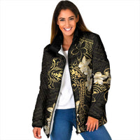 Black and Gold Hawaii Padded Jacket Hammerhead Shark Tattoo Curve Polynesian - Polynesian Pride