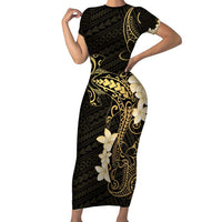Black and Gold Hawaii Short Sleeve Bodycon Dress Hammerhead Shark Tattoo Curve Polynesian - Polynesian Pride