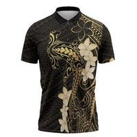 Black and Gold Hawaii Zipper Polo Shirt Hammerhead Shark Tattoo Curve Polynesian - Polynesian Pride