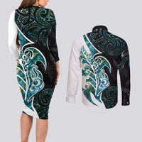 Proud Aotearoa Couples Matching Long Sleeve Bodycon Dress and Long Sleeve Button Shirt Maori Silver Fern Mix Paua Shell Pattern LT14 - Polynesian Pride