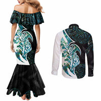 Proud Aotearoa Couples Matching Mermaid Dress and Long Sleeve Button Shirt Maori Silver Fern Mix Paua Shell Pattern LT14 - Polynesian Pride