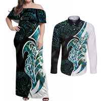 Proud Aotearoa Couples Matching Off Shoulder Maxi Dress and Long Sleeve Button Shirt Maori Silver Fern Mix Paua Shell Pattern LT14 Black - Polynesian Pride