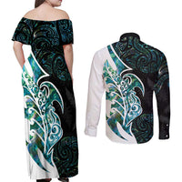 Proud Aotearoa Couples Matching Off Shoulder Maxi Dress and Long Sleeve Button Shirt Maori Silver Fern Mix Paua Shell Pattern LT14 - Polynesian Pride