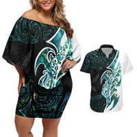 Proud Aotearoa Couples Matching Off Shoulder Short Dress and Hawaiian Shirt Maori Silver Fern Mix Paua Shell Pattern LT14 Black - Polynesian Pride