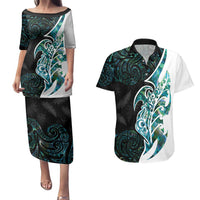 Proud Aotearoa Couples Matching Puletasi and Hawaiian Shirt Maori Silver Fern Mix Paua Shell Pattern LT14 Black - Polynesian Pride