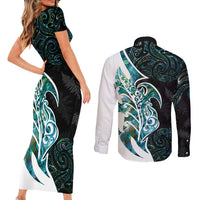 Proud Aotearoa Couples Matching Short Sleeve Bodycon Dress and Long Sleeve Button Shirt Maori Silver Fern Mix Paua Shell Pattern LT14 - Polynesian Pride