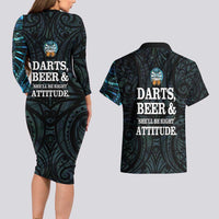 Personalized New Zealand Darts Beer Couples Matching Long Sleeve Bodycon Dress and Hawaiian Shirt Paua Shell Aotearoa Maori Tattoo - Polynesian Pride