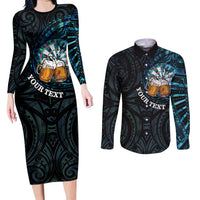 Personalized New Zealand Darts Beer Couples Matching Long Sleeve Bodycon Dress and Long Sleeve Button Shirt Paua Shell Aotearoa Maori Tattoo - Polynesian Pride