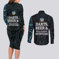 Personalized New Zealand Darts Beer Couples Matching Long Sleeve Bodycon Dress and Long Sleeve Button Shirt Paua Shell Aotearoa Maori Tattoo - Polynesian Pride