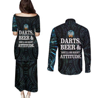 Personalized New Zealand Darts Beer Couples Matching Puletasi and Long Sleeve Button Shirt Paua Shell Aotearoa Maori Tattoo - Polynesian Pride