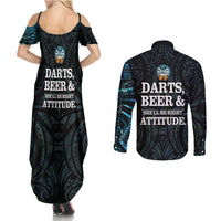 Personalized New Zealand Darts Beer Couples Matching Summer Maxi Dress and Long Sleeve Button Shirt Paua Shell Aotearoa Maori Tattoo - Polynesian Pride